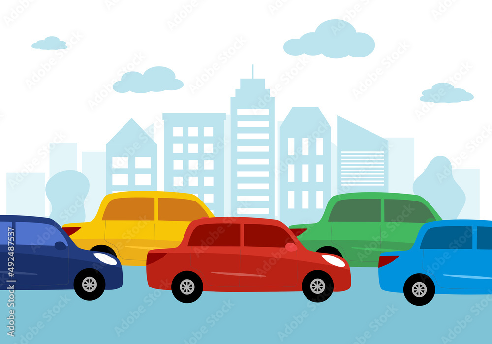 Car traffic jam on street in flat design vector illustration. 