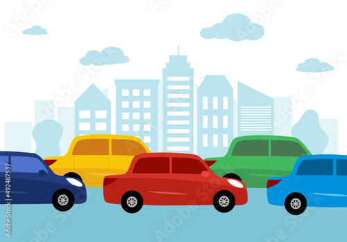 Fototapeta Naklejka Na Ścianę i Meble -  Car traffic jam on street in flat design vector illustration. 