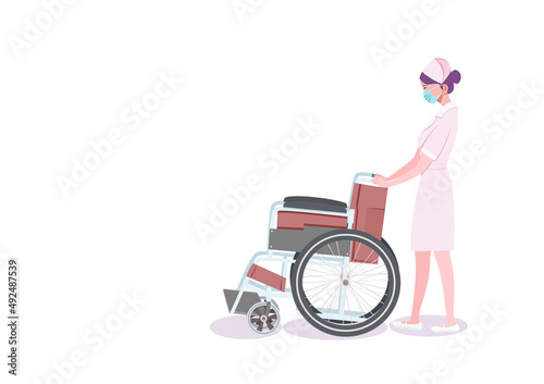 Female nurse pushing wheelchair illustration