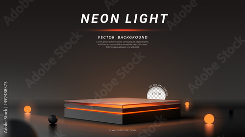 Square podium frosted glass floor with orange neon light, glow ball on a black background. Concept of design for product display. Layout horizontal, Vector illustration