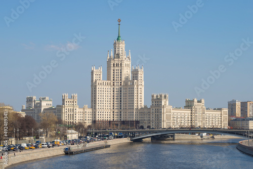 View of the high-rise Stalinist building on Kotelnicheskaya embankment on a sunny April day  Moscow