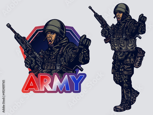 Vector army mascot logo detail line art tattoo style