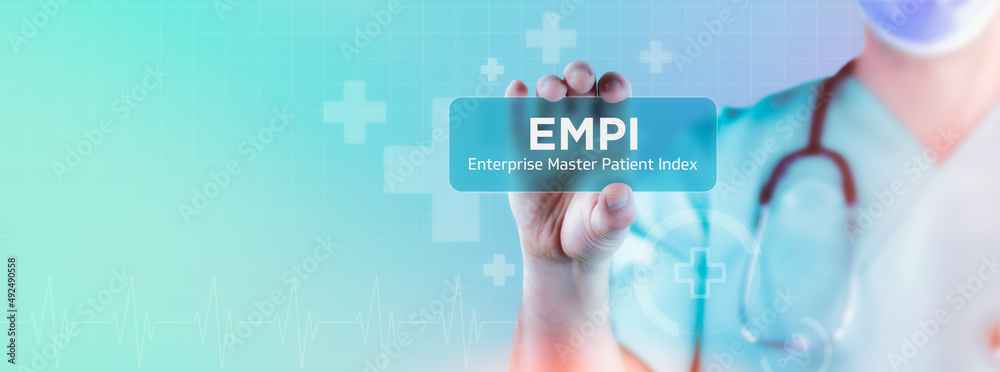 EMPI (Enterprise Master Patient Index). Doctor holds virtual card in his hand. Medicine digital EMPI (Enterprise Master Patient Index). Doctor holds virtual card in his hand. Medicine digital