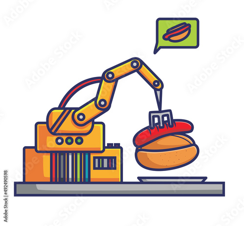 robot tongs machine making hotdog. flat cartoon style illustration icon premium vector logo mascot suitable for web design banner character