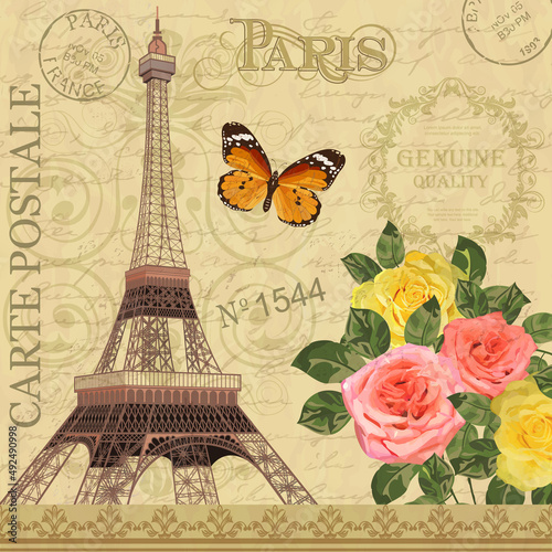 Paris vintage postcard with Eiffel Tower and roses on retro background. 