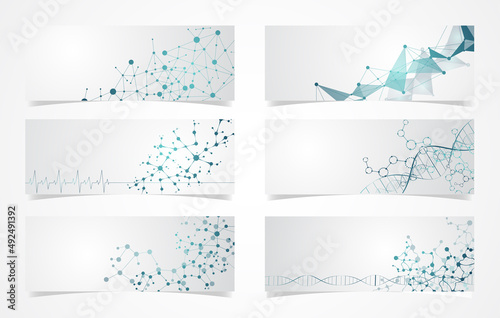 set of dna molecular structure and data network digital connection vector science, business, medical background