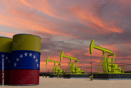 Nice pumpjack oil extraction and cloudy sky in sunset with the Venezuela flag on oil barrels 3D rendering