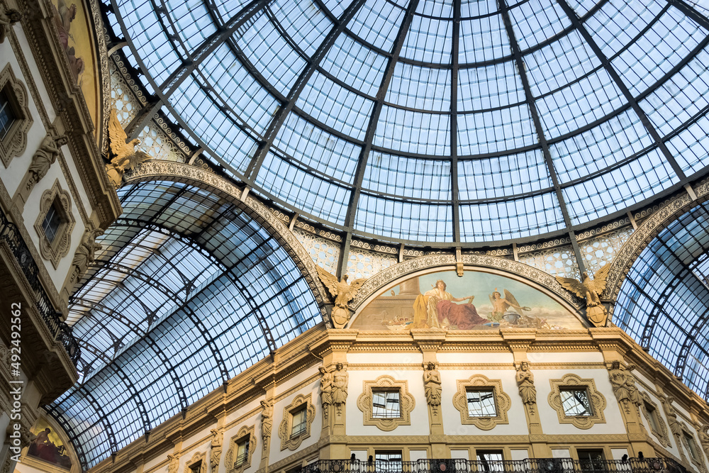 Architectural detail of the Galleria Vittorio Emanuele II in the city of Milan, Italy's oldest active shopping gallery and a major landmark, located at the Piazza del Duomo  (Cathedral Square)
