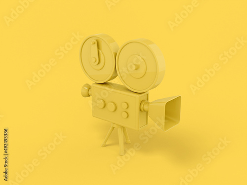 Yellow mono color retro video camera on a yellow solid background. Minimalistic design object. 3d rendering icon ui ux interface element. photo