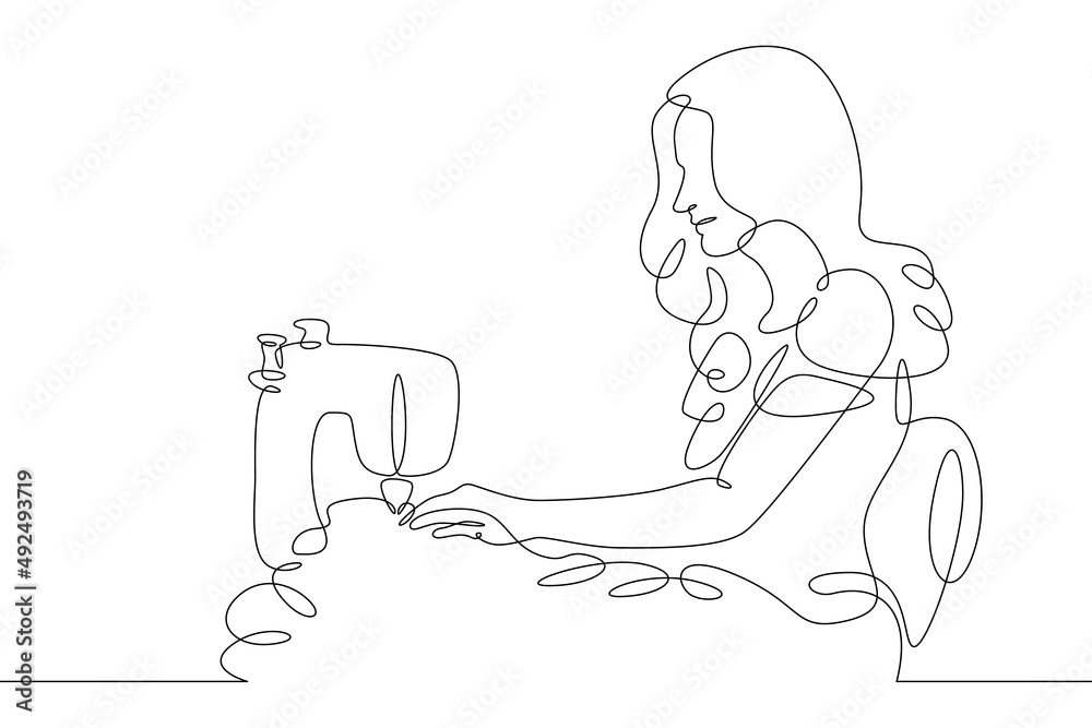 One continuous line.The fashion designer sews a dress. Seamstress works with sewing machine .Fashion designer, dressmaker, seamstress, sewing workshop or courses, tailoring concept.Working in atelier.