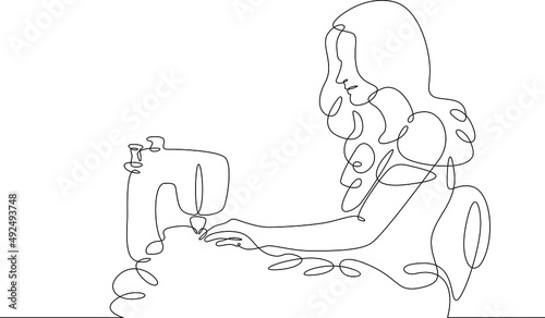 One continuous line.The fashion designer sews a dress. Seamstress works with sewing machine .Fashion designer, dressmaker, seamstress, sewing workshop or courses, tailoring concept.Working in atelier.