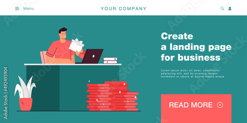 Hands with gift box stretching to man sitting in front of laptop. Special offer or loyalty program flat vector illustration. Ecommerce, marketing concept for banner, website design or landing web page