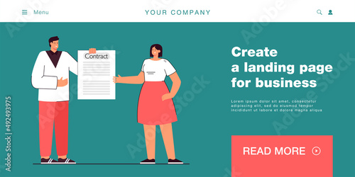 Company manager or businessman giving contract to employee. Man and woman with legal document flat vector illustration. Teamwork, partnership concept for banner, website design or landing web page