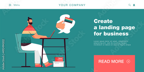 Male activist supporting LGBT community online. Man in rainbow shirt sitting at laptop flat vector illustration. LGBT, support, communication concept for banner, website design or landing web page