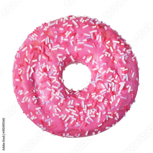 Pink donut with sprinkles isolated on white.