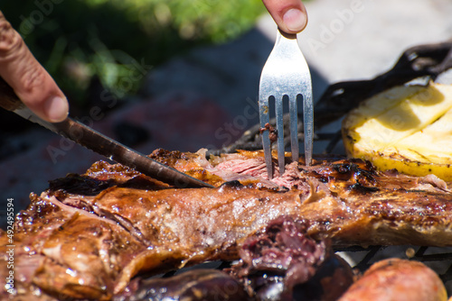 cutlery cutting meat at a daytime barbecue