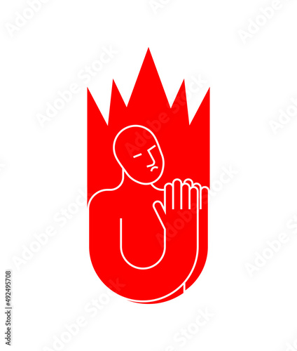 Sinner icon. Sinner in fire to repent. Man prays in fiery hyena. Man in Hellfire sign