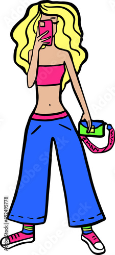 Girl taking a selfie with a smartphone. Today fashion look. Cartoon vector illustration.