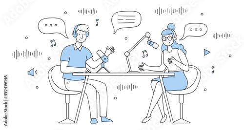 Podcast record, radio interview broadcast doodle concept. Dj characters wear headphones sitting in studio with microphones on desk, speaking with speech bubbles, Cartoon people vector illustration