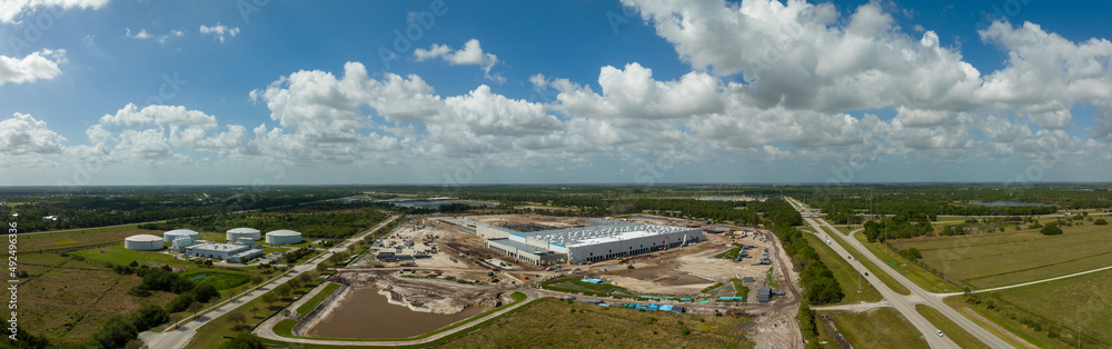 Aerial panorama of a warehouse distribution center under construction