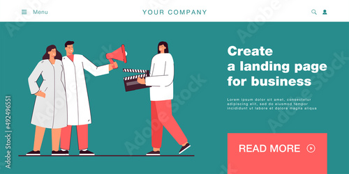 Assistant with clapper standing near actors who holding megaphone. Filmmaking scene flat vector illustration. Film industry concept for banner, website design or landing web page