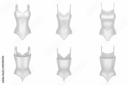 One piece woman swimsuit mockup. Vector realistic set of girl beach apparel, swimwear clothes in front and back view. White sleeveless bodysuits, lingerie or beachwear isolated on background