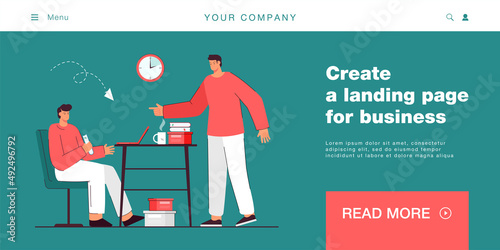 Angry boss pointing to tired late employee to deadline. Man working with laptop in office flat vector illustration. Stress, pressure of deadline concept for banner, website design or landing web page