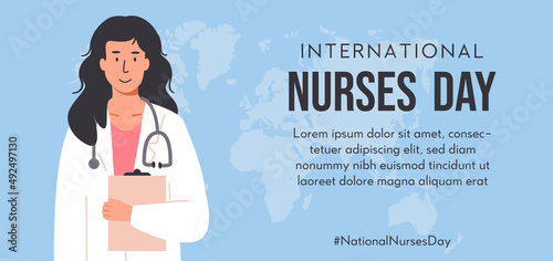 International nurses day horizontal web banner template. Medical staff or female doctor with stethoscopes holding medical history notepad on background with world map. Vector flat style illustration.
