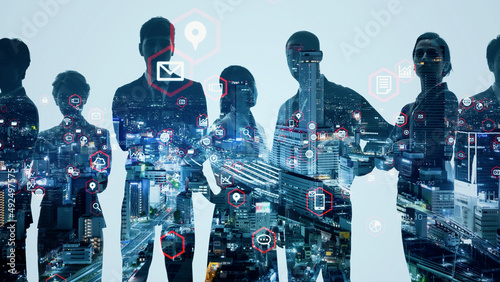 Silhouette of multinational people and modern society concept. Human resources. Digital transformation. photo