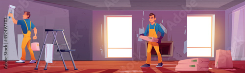 Living room renovation, repair works. Workers paint wall in house or apartment. Vector cartoon illustration of professional painter and builder with roller, ladder and putty renovating lounge interior