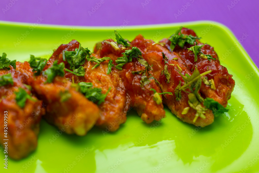 selective focus of pan fried chicken momo.