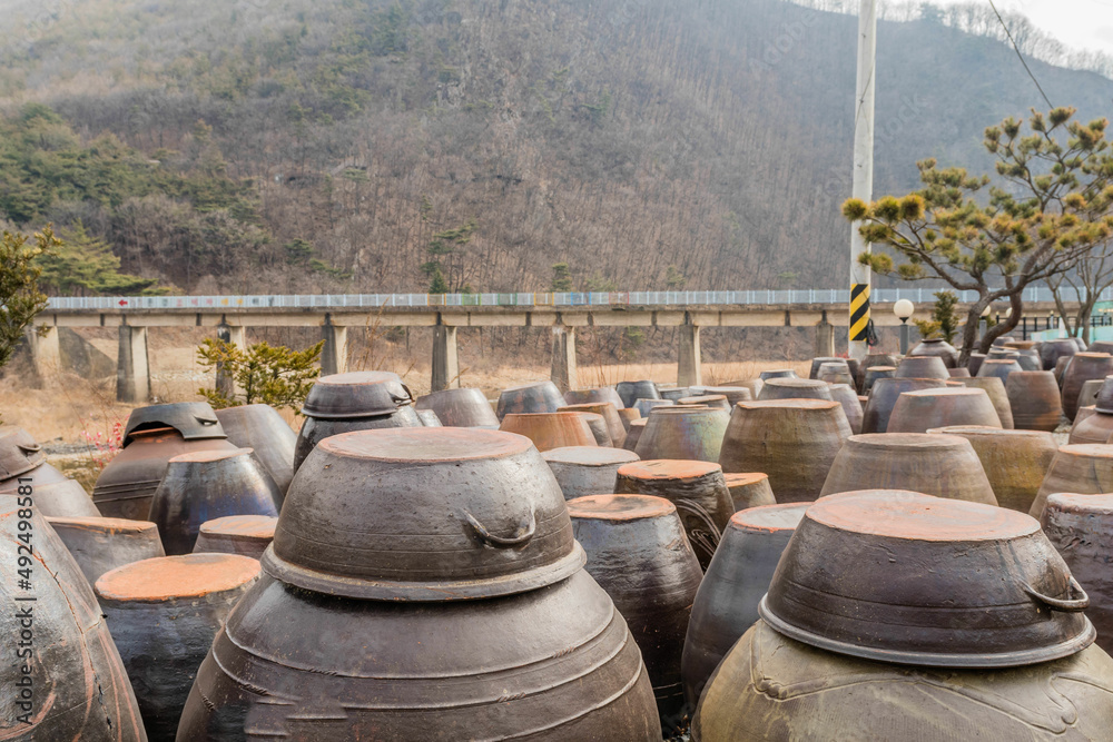 Closeup of large ceramic jars used for fermentation of vegetables.