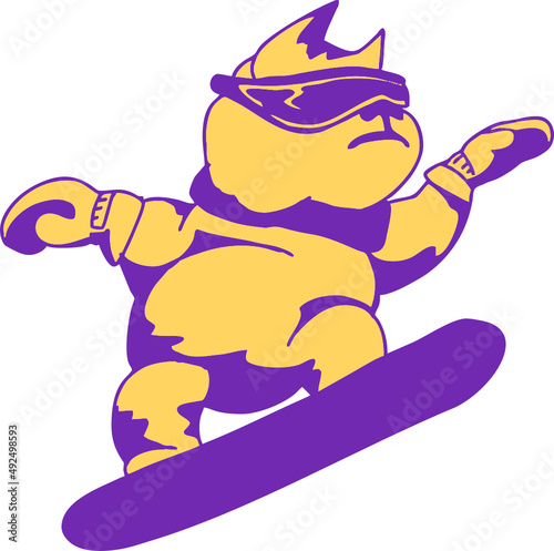 Cartoon cat-snowboarder on the snowy slope of the mountain.
