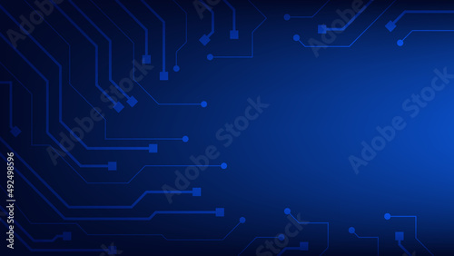 Hi-tech digital circuit board. AI pad and electrical lines connected on blue lighting background 
