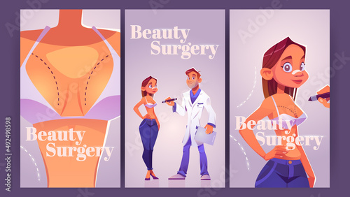 Beauty surgery cartoon ads posters. Woman with patch on nose prepare for plastic surgery. Doctor drawing lines on girl chest for augmentation, lipofilling cosmetics medicine procedure Vector flyers