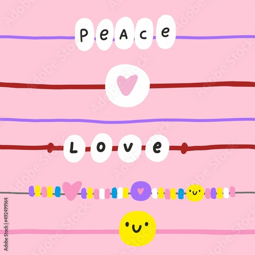 Cute Bracelets with peace sign, letters,  heart, flower. Cartoon vector print in 90s style. Baubles bracelets - peace and love