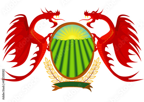 Heraldry, red dragons holding a shield, file EPS.8 illustration.