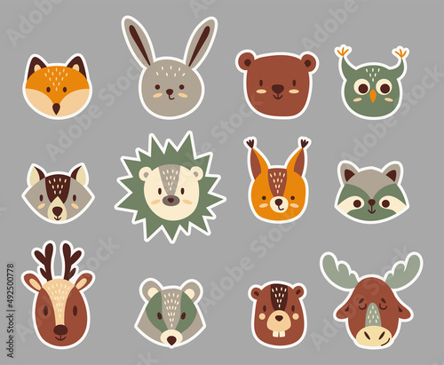 Fototapeta Naklejka Na Ścianę i Meble -  Cute faces of forest animals. Printable Stickers for Cricut.	
