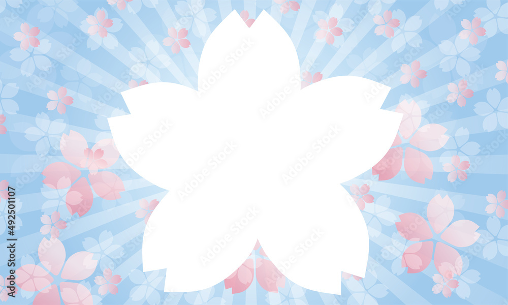 Obraz premium 春のイメージの桜のイラスト 集中線背景ブルー 桜吹雪 花満開バックグラウンド