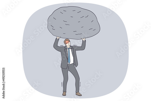 Stressed businessman hold heavy stone lean under burden of financial problems and issues. Unhappy male employee rock on shoulders reach goal and target. Debt and bankruptcy. Vector illustration. 