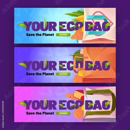 Your eco bag cartoon banners. Paper and cotton shopping packs with grocery. Reusable package with fresh food  fruits  vegetables  cheese and bread. Save planet ecological concept  Vector illustration