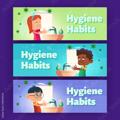 Hygiene habits cartoon banners. Little children washing hands in home bathroom with coronavirus cells flying around. Child handwashing procedure, kids lather palms with liquid soap Vector illustration photo