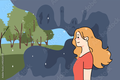 Smiling young woman look at world in optimistic positive light. Happy girl focus on good things ignore bad and negative. Stress free concept. Optimism and positivity. Vector illustration. 