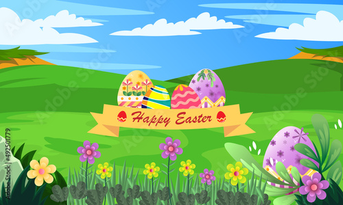 easter day background in garden with egg garden floral flower and cloud