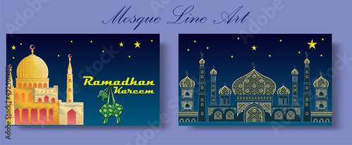 mosque line art hand draw in the night with moon and stars