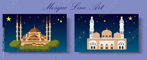 mosque line art hand draw in the night with moon and stars
