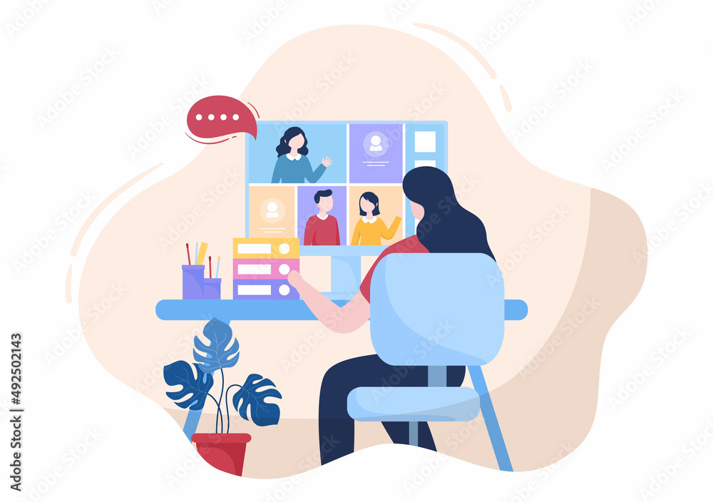 Conference Video Call by Remote Communication with Online Friends using a Smartphone or Computer via a Webcam for Working From Home in Flat Style Cartoon Illustration Conference Video Call by Remote Communication with Online Friends using a Smartphone or Computer via a Webcam for Working From Home in Flat Style Cartoon Illustration