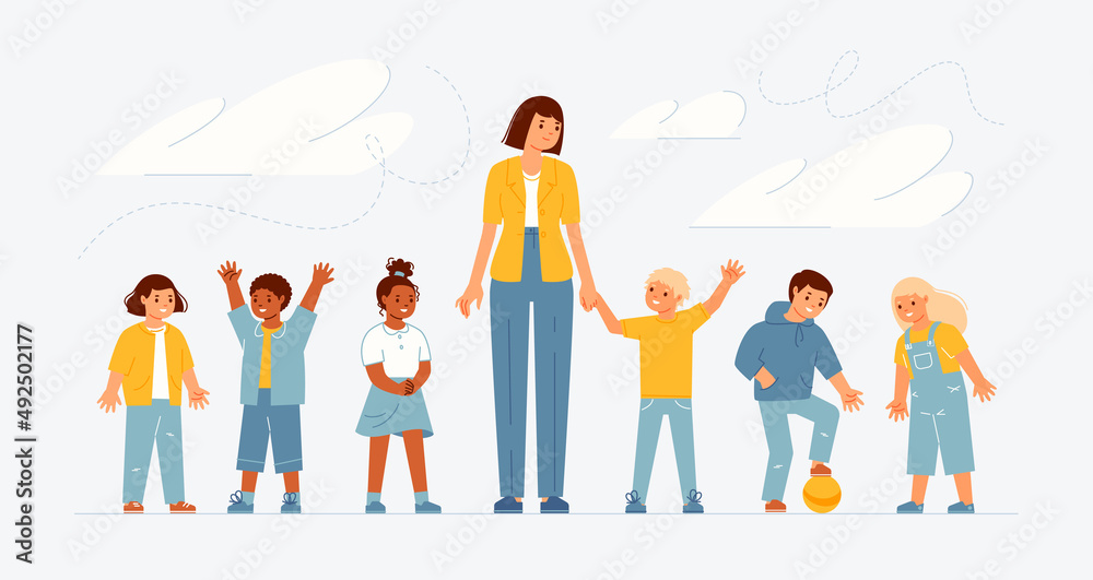 Fototapeta premium Сoncept of happy, free, safe childhood. Children, accompanied by teacher, play ball on street, communicate, laugh, make friends. Flat cartoon vector illustration.