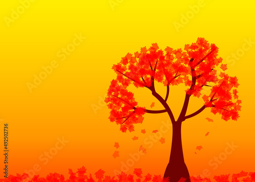 Single tree with maple leaf autumn light yellow background