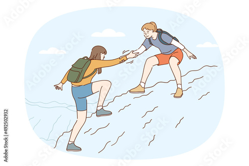 Young woman help friend climb mountain hiking together in wild nature landscape. Attentive girl stretch give hand to girlfriend in need trekking or mountaineering. Friendship. Vector illustration. 